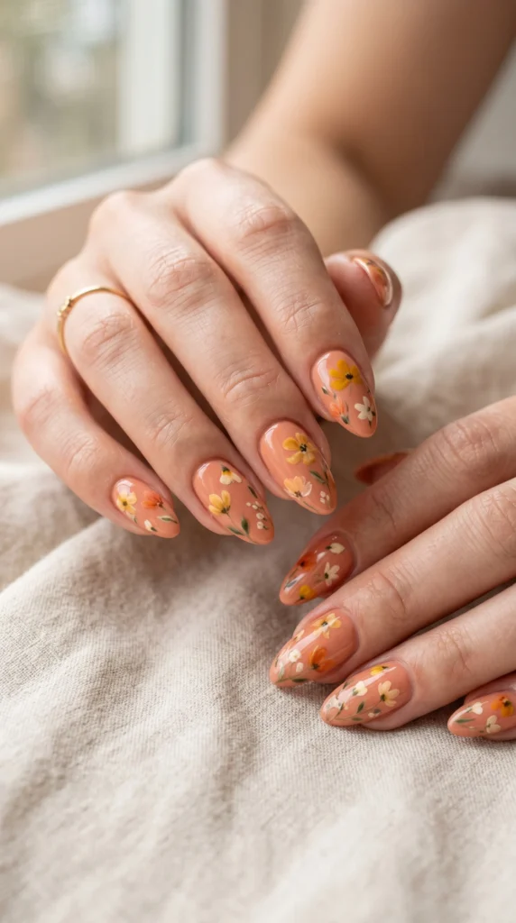 Almond peach-coral nails with hand-painted watercolor wildflowers in yellow orange and cream, soft girl summer nail art