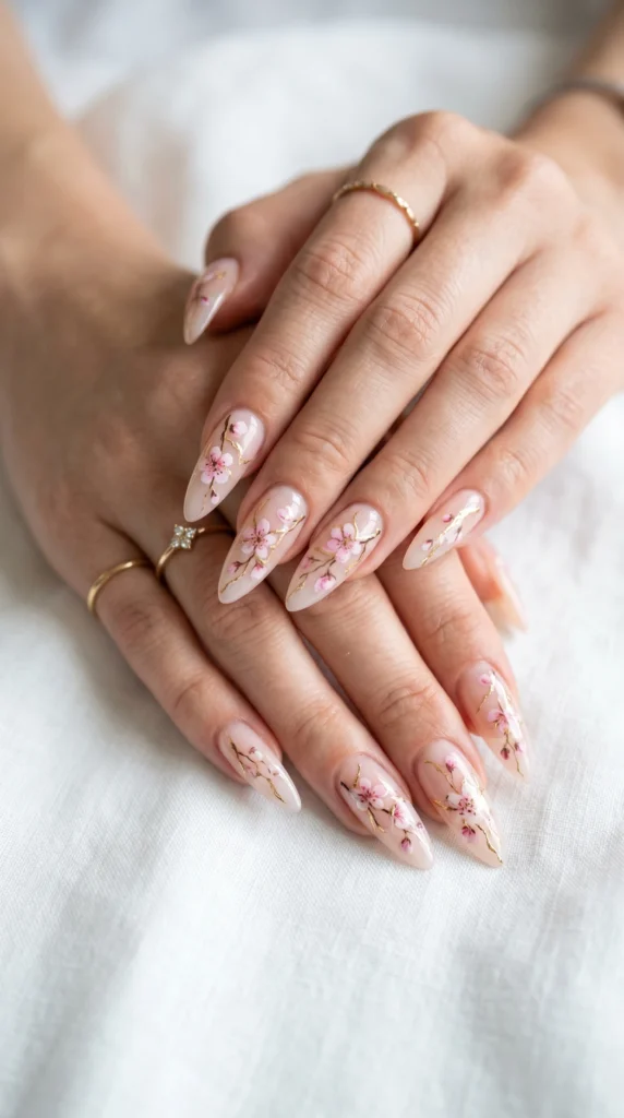 Stiletto nails with sheer blush base and hand-painted watercolor cherry blossoms with gold foil, soft girl nail art