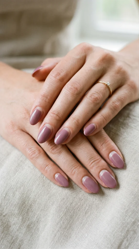 Oval dusty mauve nails with half-moon negative space crescent at base, minimalist soft girl aesthetic nail art