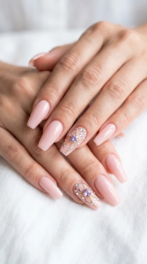 Coffin blush pink nails with rhinestone and crystal constellation accent design, glamorous soft girl nail art 2026