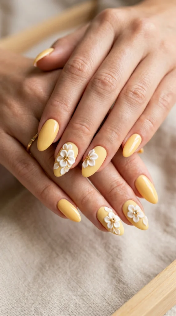 Almond butter yellow nails with sculpted 3D white flower blooms and gold rhinestone stamens, spring soft girl nail idea