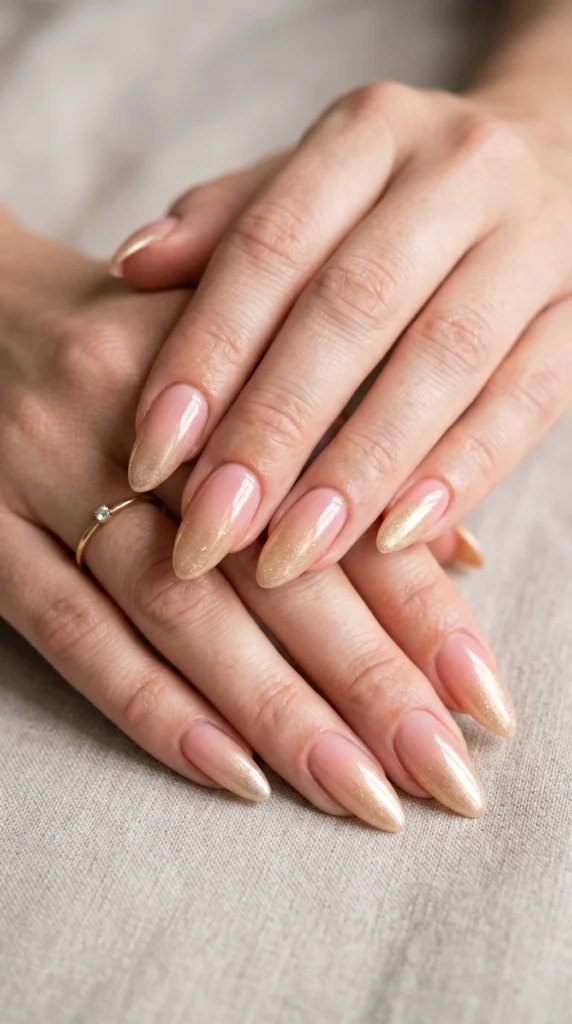 Long almond nails with seamless ombre from rosy blush to champagne gold and glass-like ultra-glossy finish, dreamy soft girl nails