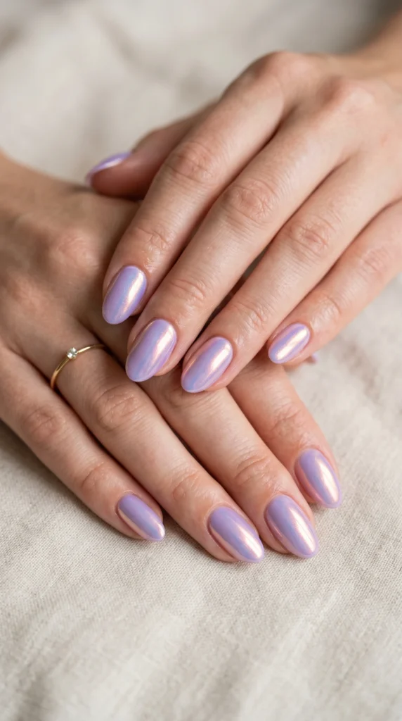 Oval nails with lavender base and aurora chrome iridescent color shift in lilac, blue and rose gold, dreamy soft girl nails