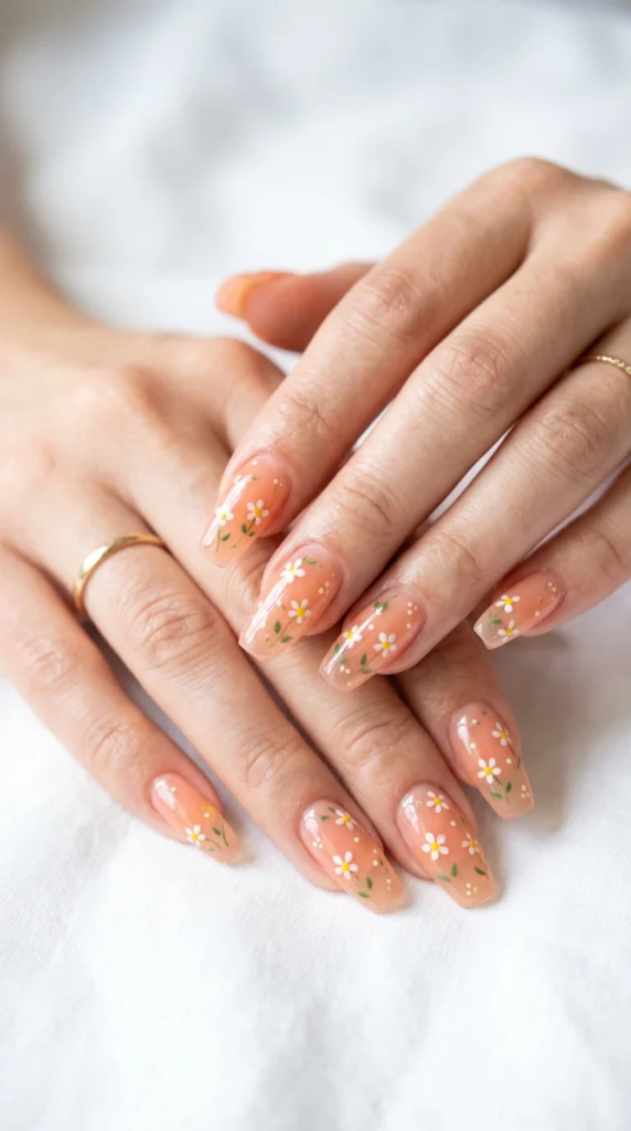 Coffin jelly nails in translucent peach with floating white and yellow floral art inside gel, soft girl summer nail design