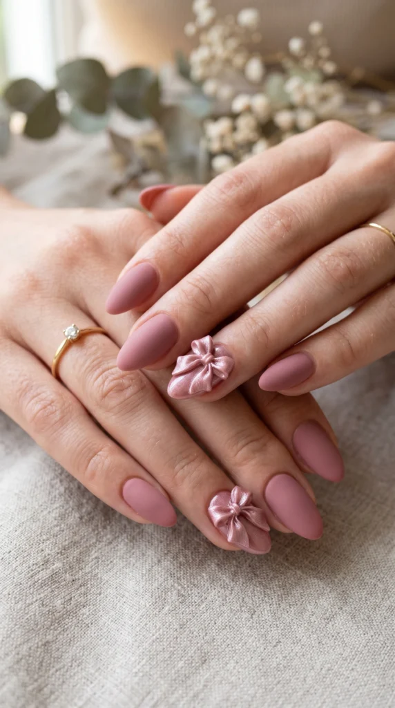Almond-shaped matte dusty rose nails with 3D silk bow charms on accent fingers, romantic soft girl nail idea