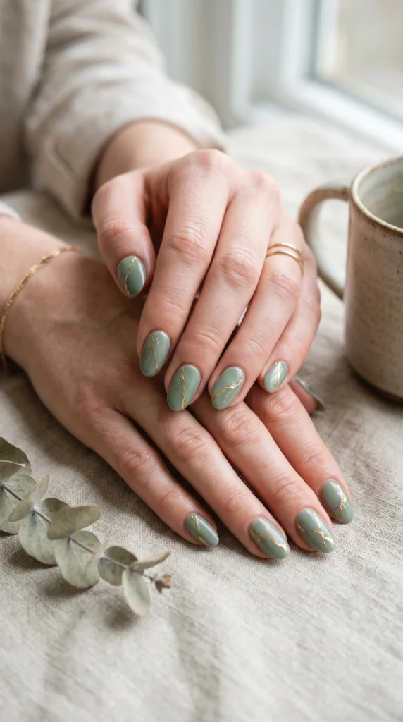 Oval sage green nails with organic gold foil veining creating a marble effect, aesthetic soft girl nail design 2026