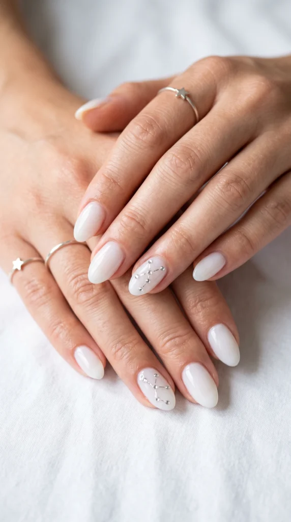 Short almond milky white glass nails with crystal rhinestone constellation pattern, soft girl aesthetic nail art