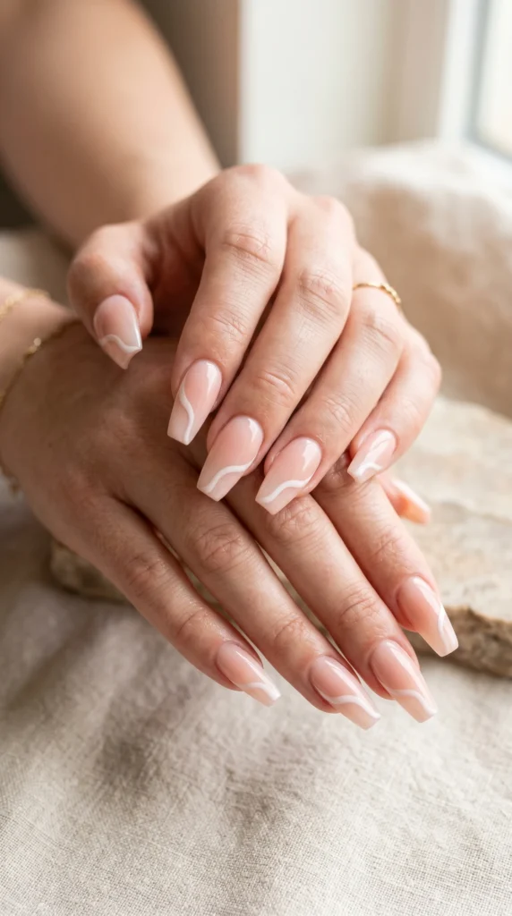 Coffin nails with blush to nude ombre base and wavy French tip in sheer white, modern soft girl nail trend 2026