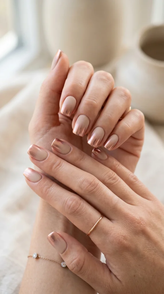Short square nails with matte beige base and rose gold chrome gradient fade on tips, aesthetic soft girl nail design