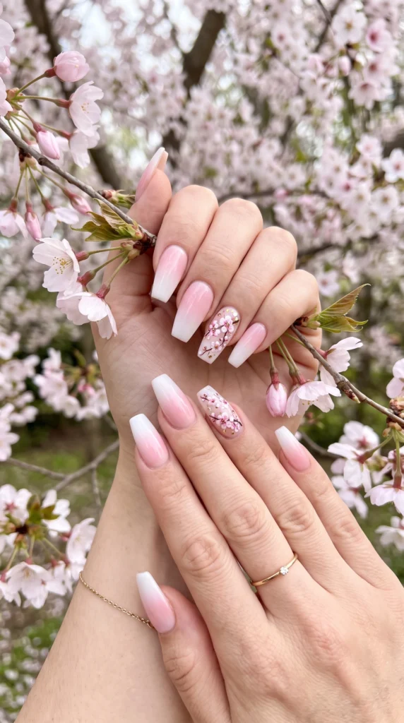Coffin nails white to cherry blossom pink ombre with painted blossom accent nail spring mood