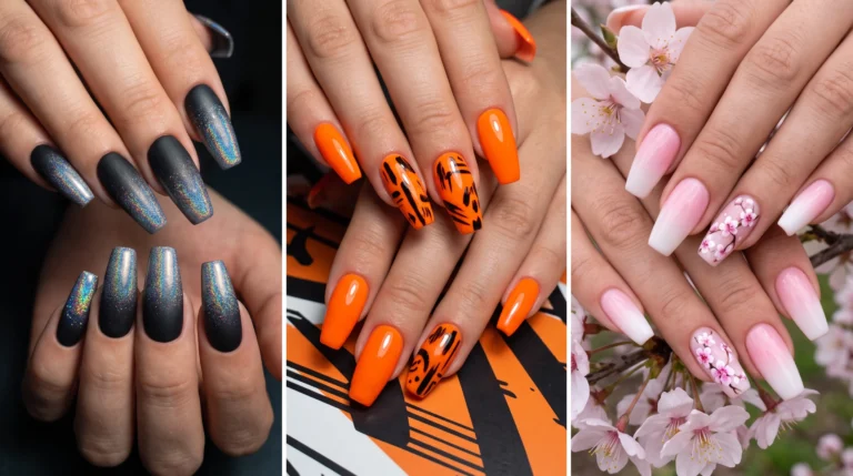 Coffin nails white to cherry blossom pink ombre with painted blossom accent nail spring mood