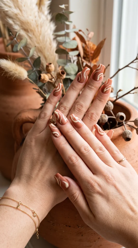 Coffin nails warm terracotta matte with cream abstract swirl art brushstrokes fall pottery inspired mood