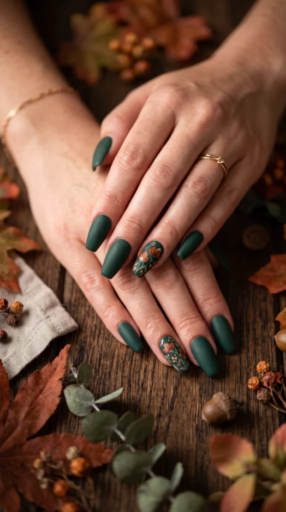 Coffin nails deep forest green matte with rust orange impressionistic floral art fall woodland mood