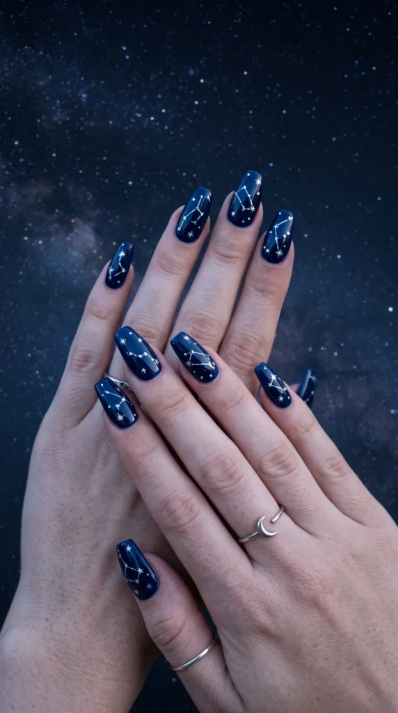 Coffin nails deep navy with silver star constellation patterns each nail unique winter night sky mood