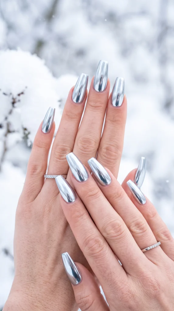 Long coffin nails in pure icy silver chrome mirror finish frozen mercury look winter minimal