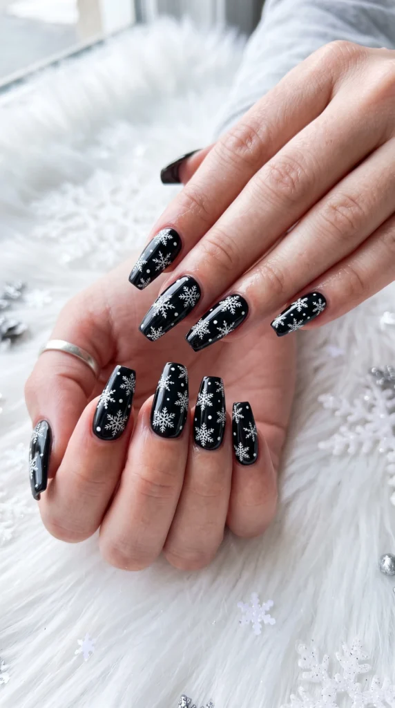 Coffin nails deep black with white stamped snowflake patterns scattered across all nails winter stark