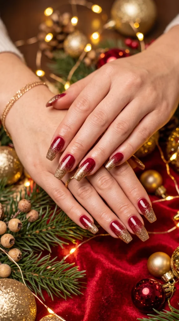 Coffin nails cranberry red with fine gold glitter tip gradient festive holiday winter season