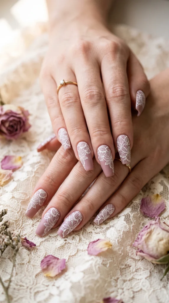 Coffin nails dusty rose satin with white floral lace stamped overlay romantic feminine mood
