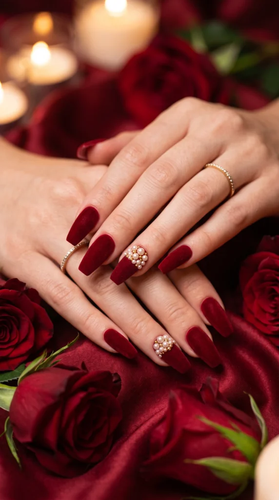 Coffin nails deep red velvet matte with pearl cluster brooch accent nail romantic date night mood