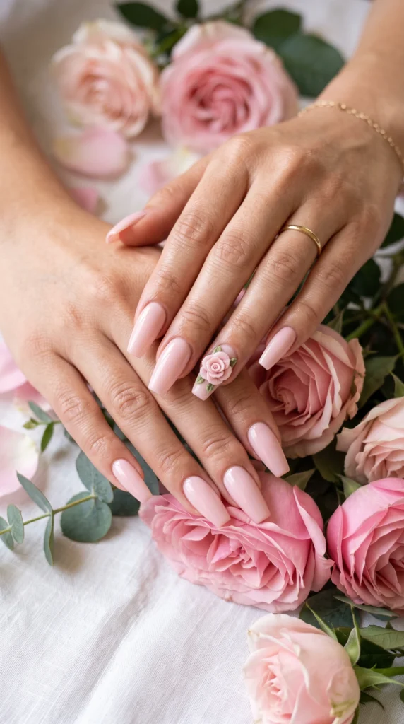 Coffin nails soft blush pink with 3D sculpted acrylic rose accent nail romantic feminine mood