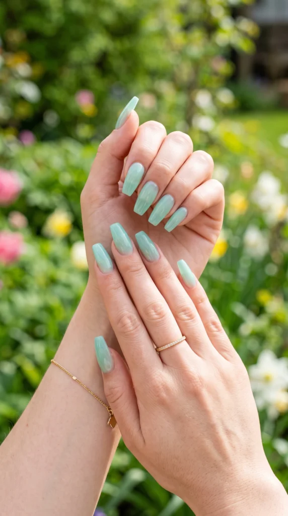 Coffin nails in sheer mint green jelly gel translucent glow glossy finish fresh spring mood