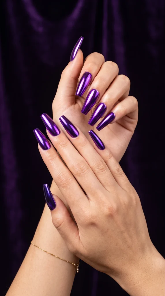 Long coffin nails electric vivid purple full mirror chrome shifting grape to violet bold mood