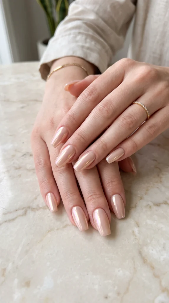 Coffin nails barely-there nude with glazed iridescent chrome shimmer minimal elegant mood