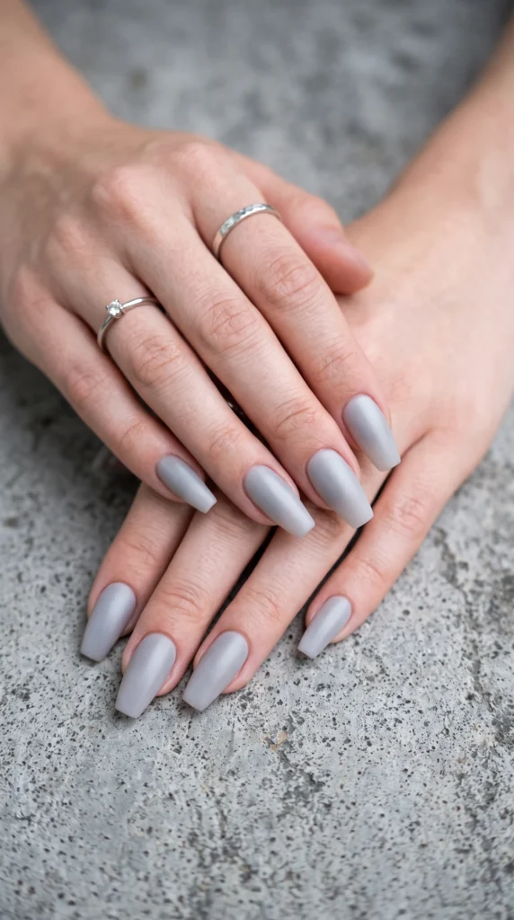 Coffin nails soft cool grey satin finish minimal architectural sophisticated neutral mood