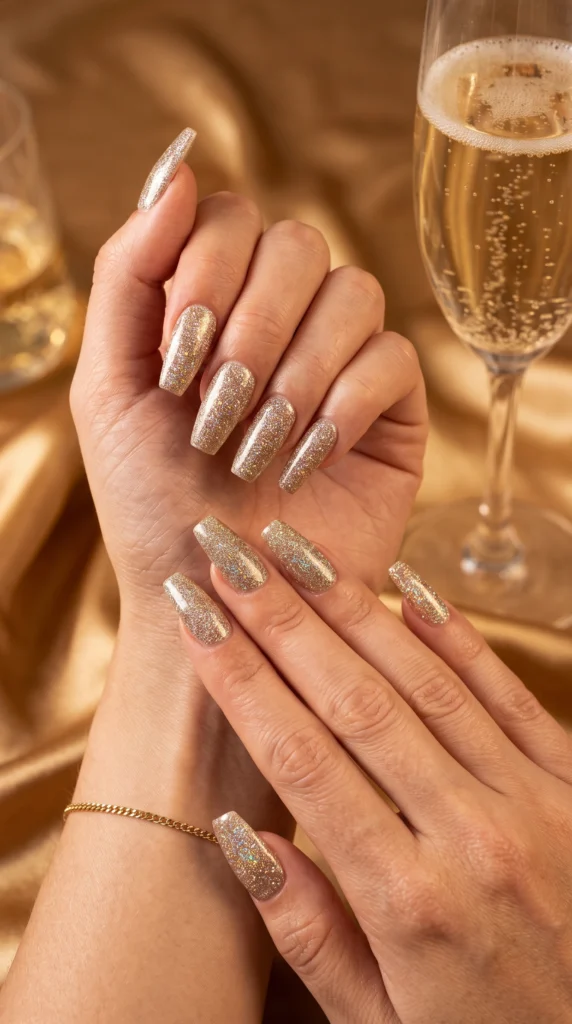 Coffin nails fully covered in fine champagne gold holographic glitter dense coverage liquid gold glam