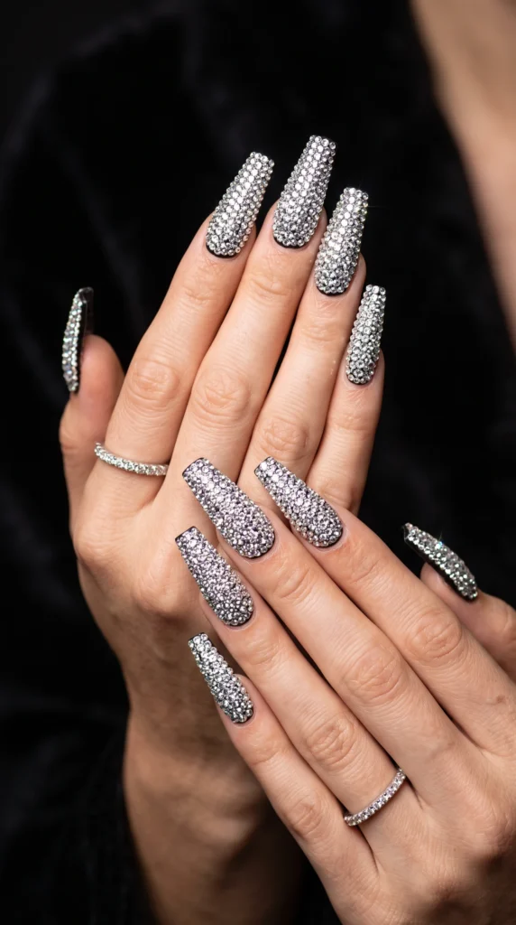 Coffin nails black fully covered dense clear rhinestone crystals blazing sparkle maximalist glam mood