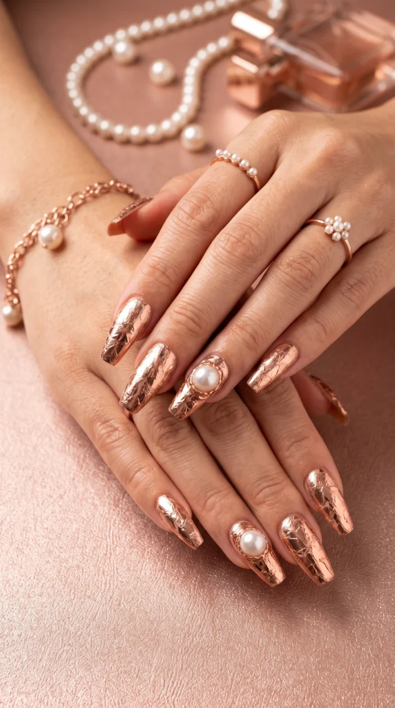 Coffin nails warm nude rose gold foil patchwork with pearl jewel accent nail glam refined mood