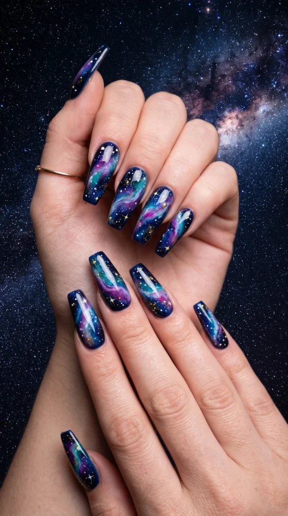 Coffin nails with galaxy art deep navy purple teal white swirls star dots each nail unique artistic