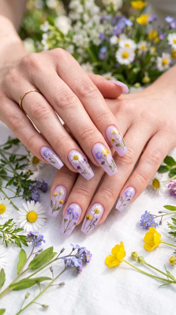 Coffin nails in lavender jelly with pressed wildflowers encapsulated inside gel spring romantic mood