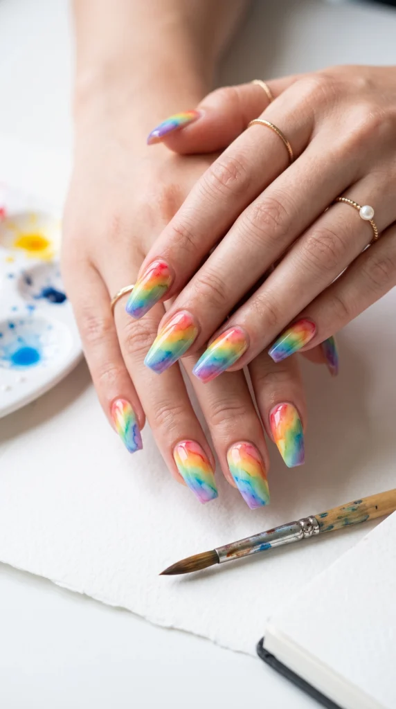 Coffin nails watercolor rainbow wash soft blended red orange yellow green blue violet artistic mood