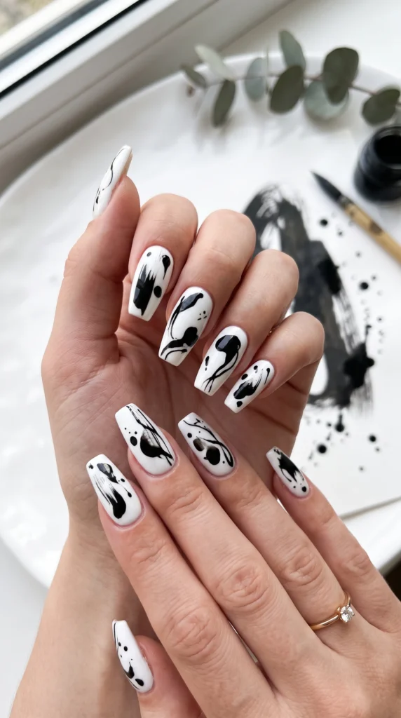 Coffin nails white base with loose abstract black ink mark art expressive strokes graphic artistic mood