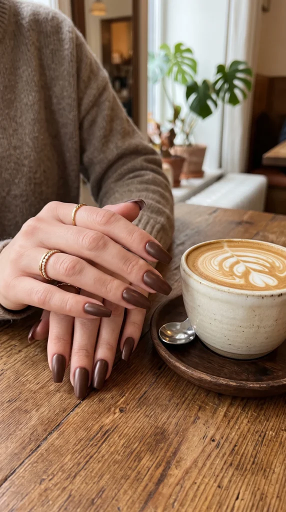 Coffin nails deep creamy mocha latte brown satin finish warm comforting cozy mood everyday wearable