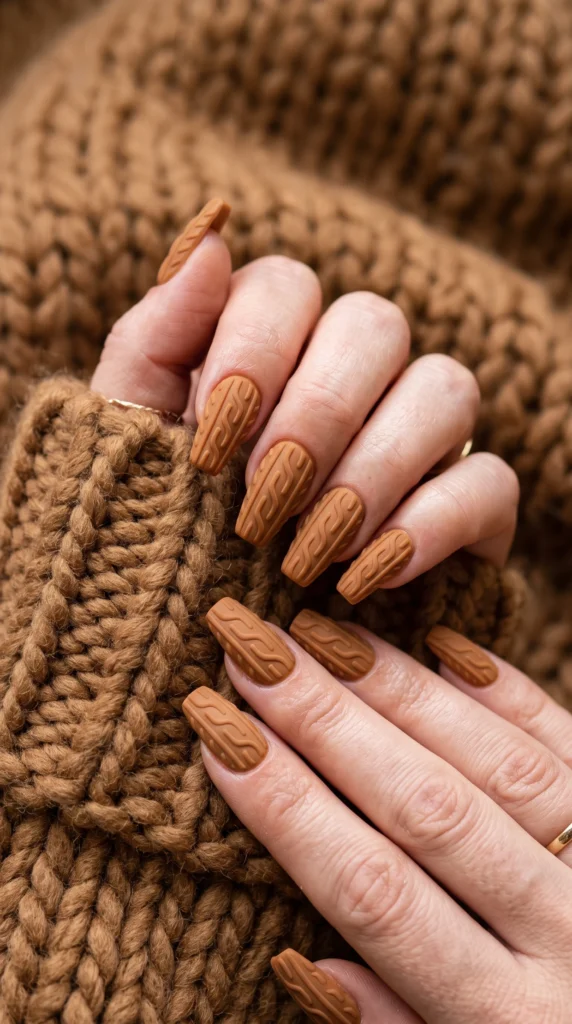 Coffin nails warm caramel with raised gel knit stitch texture pattern miniature sweater art cozy mood