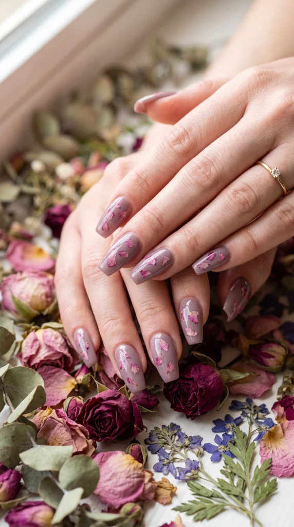 Coffin nails dusty mauve with dried rose petals encapsulated inside gel layer botanical cozy mood