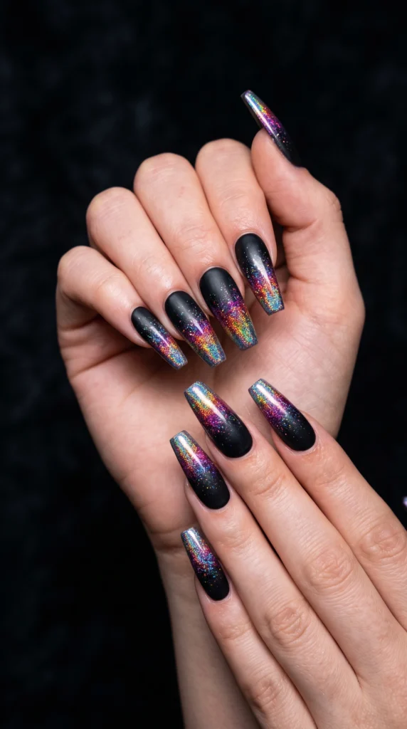 Long coffin nails black to holographic rainbow glitter ombre tip every mood every season nail idea