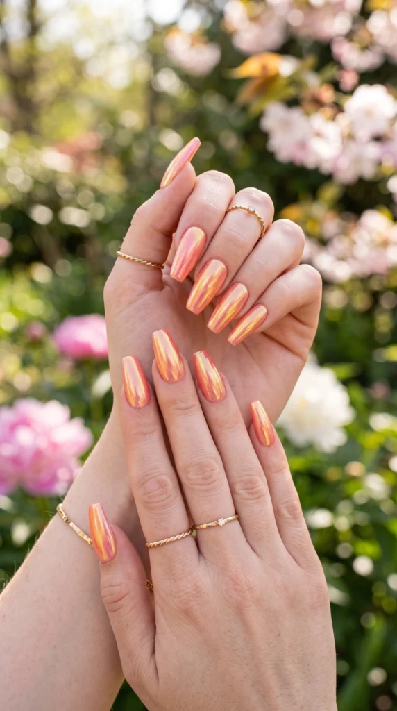 Coffin nails in peach base with aurora chrome shifting peach pink gold spring 2026 trending