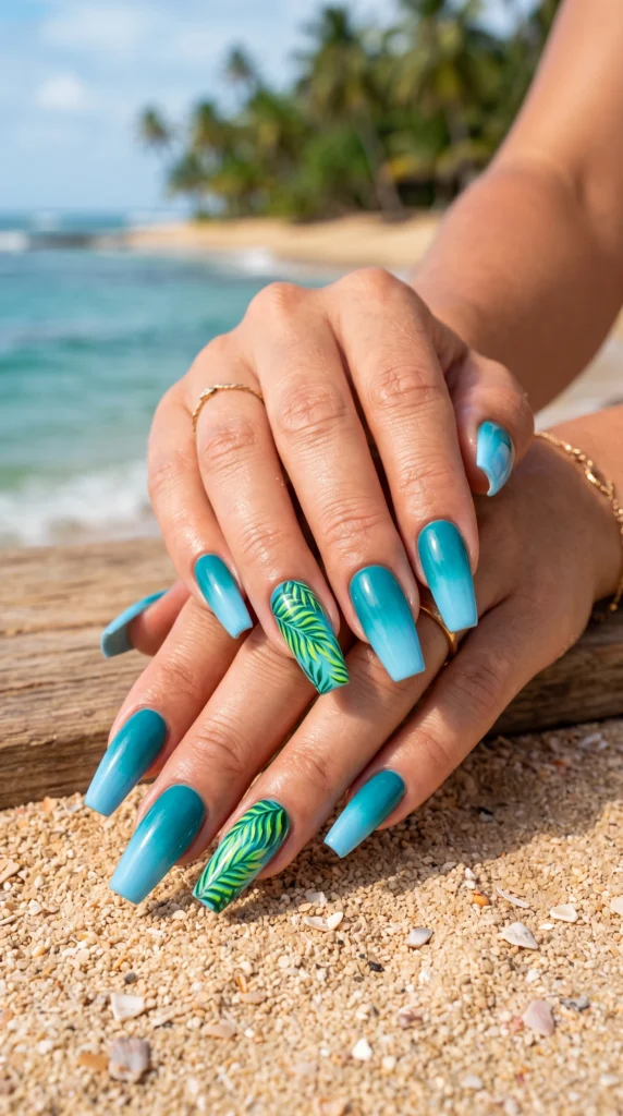 Coffin nails ocean teal to sky blue ombre with palm leaf art accent nail tropical summer vacation