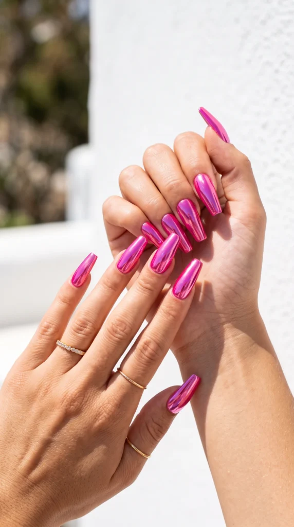 Long coffin nails vivid hot pink full mirror chrome finish unapologetic summer fun statement