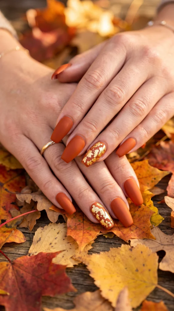 Coffin nails in burnt orange matte with gold leaf flake accent nails warm cozy fall autumn mood