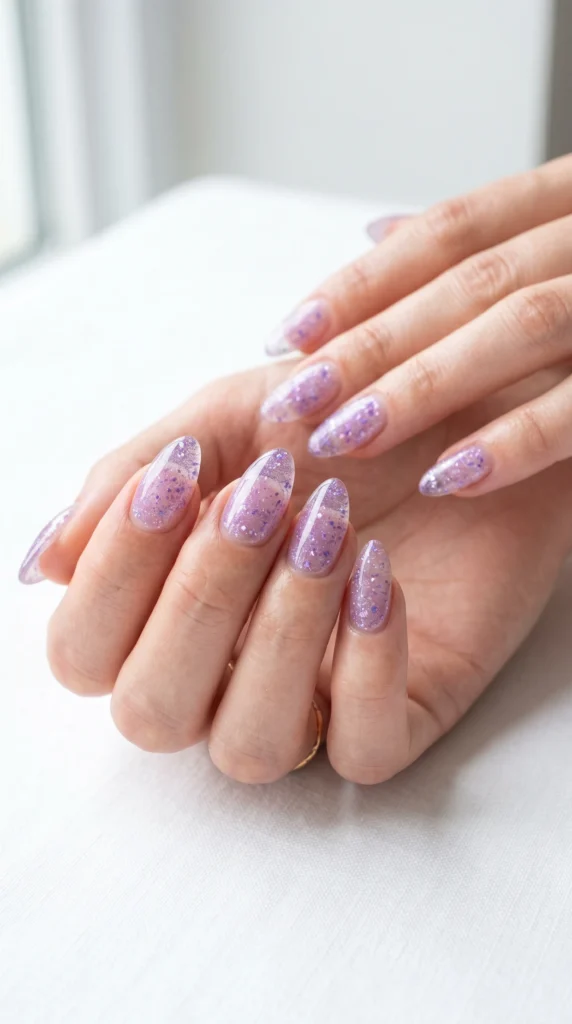 Almond glass nails with lavender shimmer suspended inside clear gel — ethereal soft girl design,
soft girl nail designs