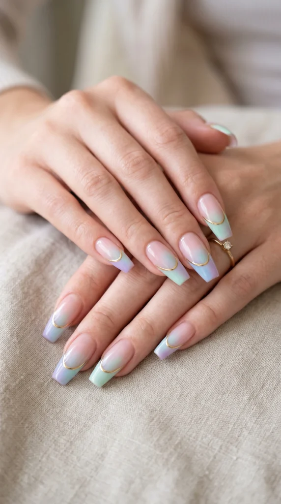 Coffin nails with pastel ombre French band in lavender, baby blue, and mint with gold outline