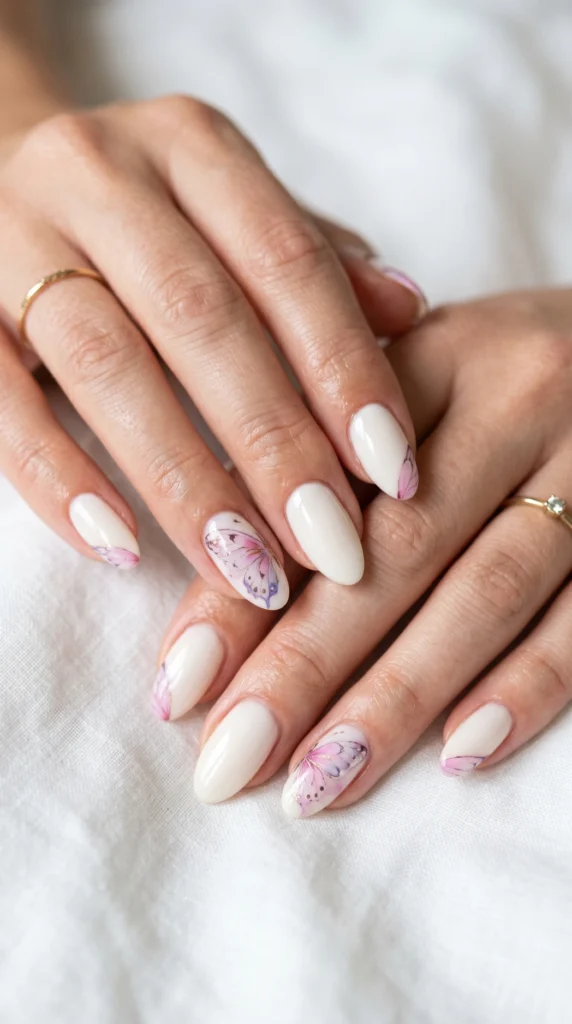Ivory oval nails with watercolor butterfly art in translucent pink and lilac ombre on accent fingers
