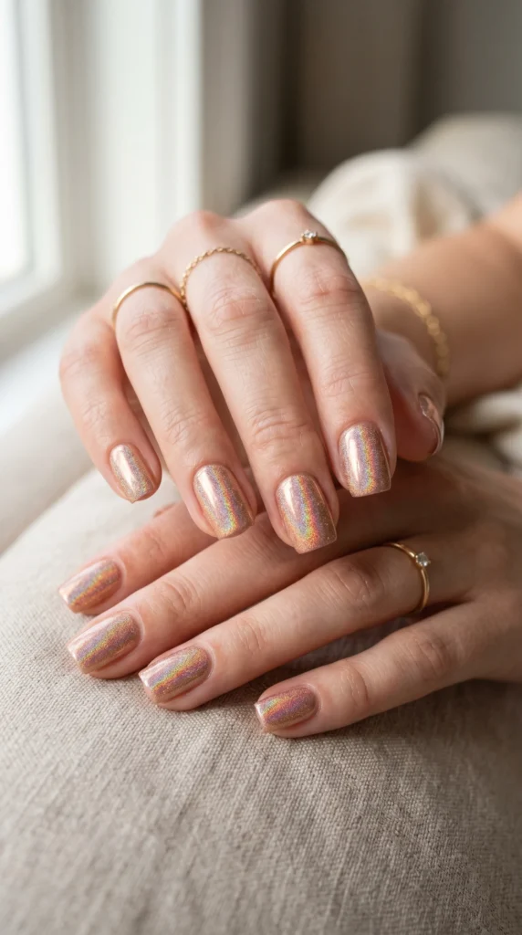 Short square nails with rose gold holographic powder finish and full-spectrum rainbow flash