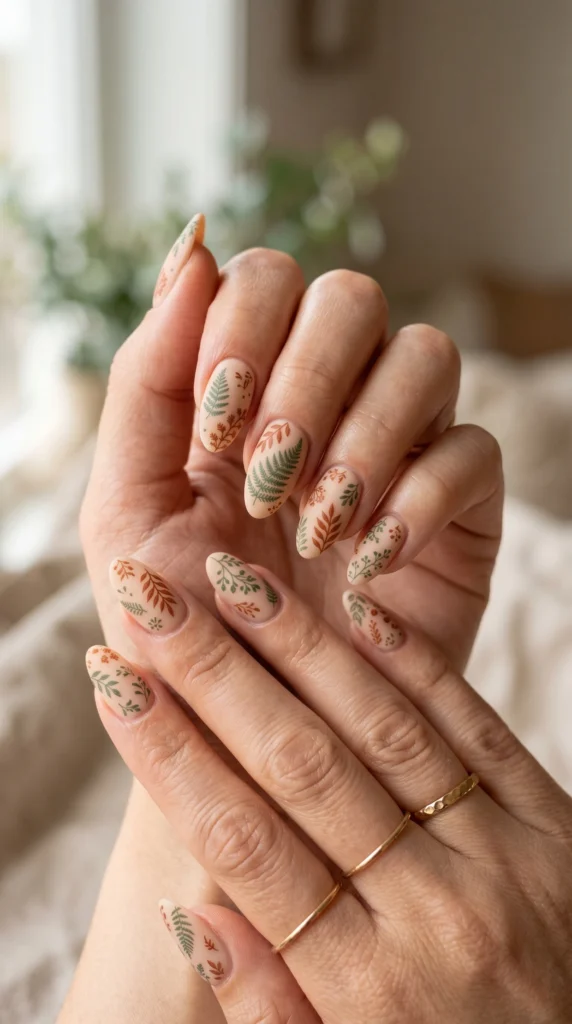 Almond warm nude nails with micro botanical stamp art in fern green and rust — fronds and leaf clusters
