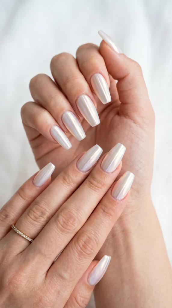 Coffin iridescent white nails with thin vertical pearl chrome stripe down center of each nail