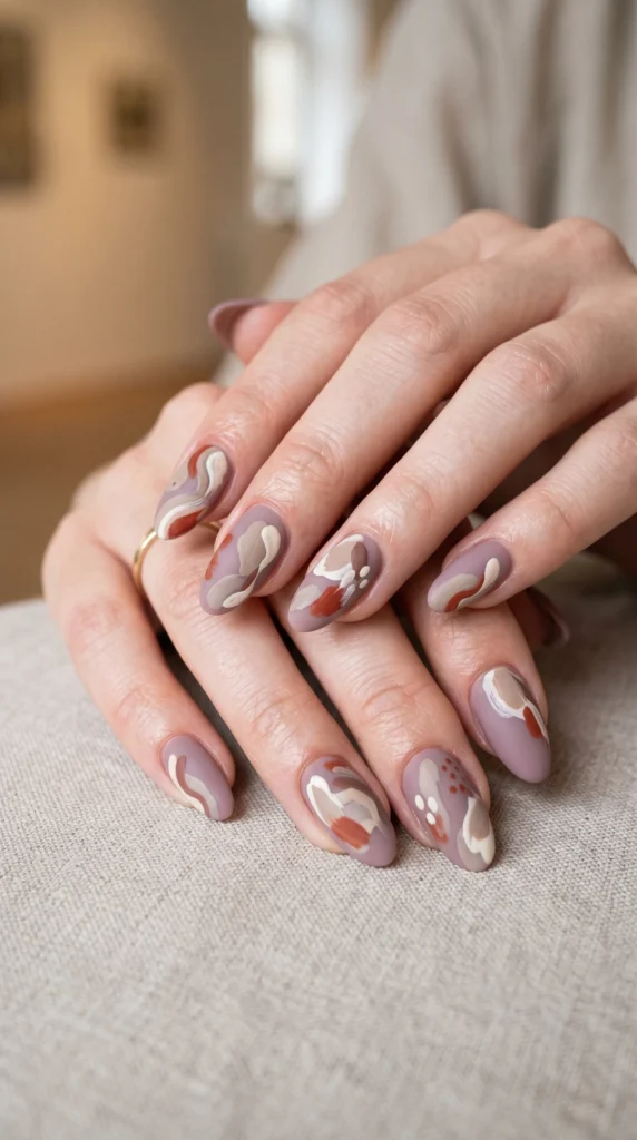 Long oval matte dusty mauve nails with abstract art in taupe, cream, and warm brick — art gallery aesthetic